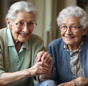 A friendly caregiver helping a resident tend to a small garden outside the care home.