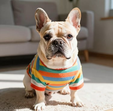 Un bulldog francés de color canela con una colorida camiseta a rayas está sentado sobre una alfombra en una luminosa sala