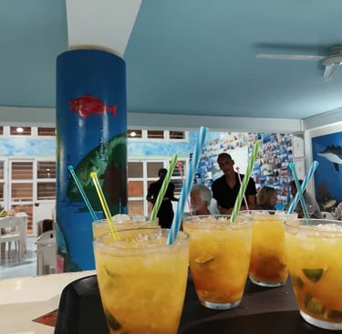 cocktail ghiacciati alla frutta serviti su un vassoio al bar dell'hotel.