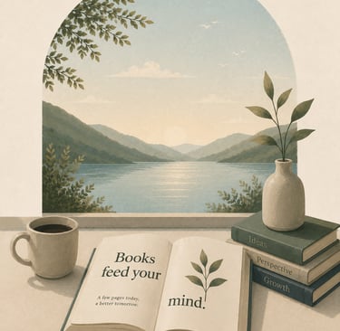 Open book, and stack of books beside a peaceful lake view, symbolising curiosity, lifelong learning