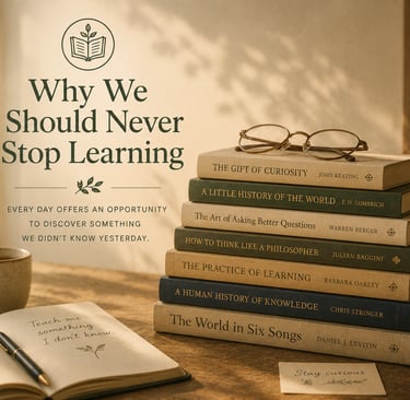 Stack of books in warm sunlight representing curiosity, lifelong learning, and the joy of discovery.