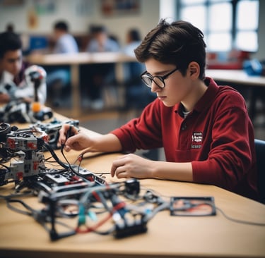 A cheerful child assembling a robotics kit at a bright, modern workspace.