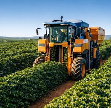 Colheitadeira mecânica de café em operação em fazenda brasileira moderna
