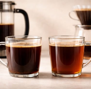 Comparação entre café de prensa francesa e café filtrado mostrando diferenças de corpo