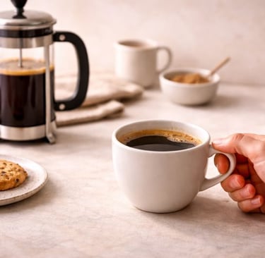 Pessoa desfrutando café preparado em prensa francesa em ambiente aconchegante