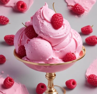 A swirl of creamy pink raspberry ice-cream in a gold pedestal bowl with fresh raspberries.