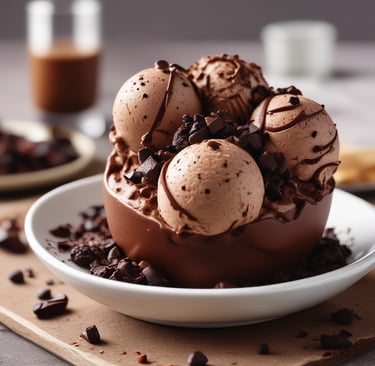 Scoops of rich chocolate ice cream topped with fudge drizzle and dark chocolate chunks in a bowl.