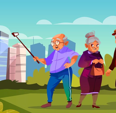 Cheerful cartoon seniors taking a selfie in a city park with skyscrapers in the background.
