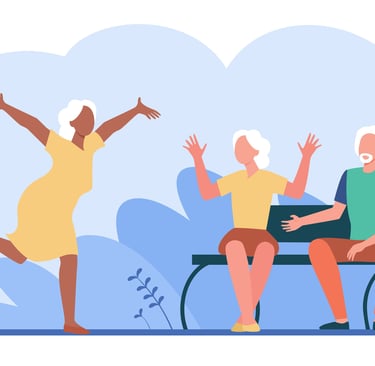 Flat vector illustration of active senior friends socializing and dancing in a park.