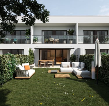 Render of a modern white townhouse featuring a private backyard with luxury outdoor furniture