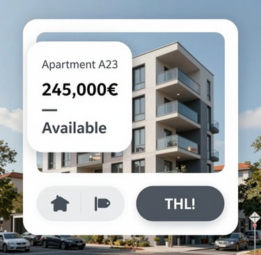 Modern multi-story apartment building real estate listing with pricing and availability information.