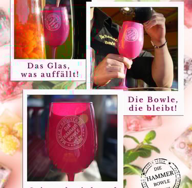 Pinkes Hammer Bowle Glas, gefüllt mit Bowle und Beeren der Saison.