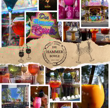 Fotocollage mit bunten Bowlegläsern-Cocktails und dem Stand der Marke „Die Hammer Bowle“