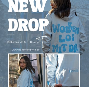 Model trägt hellblauen „Wolkenlos Mit Dir“-Hoodie mit Aufdruck aus der Hammer-Style Kollektion 