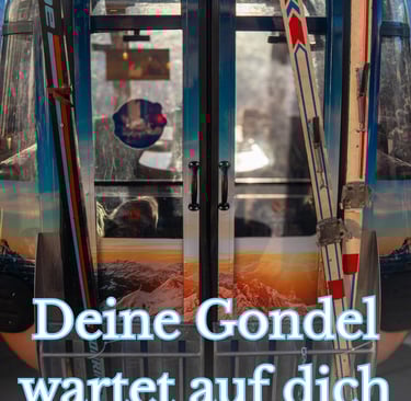 Gondel mit alten Skiern und den schneebedeckten Gipfeln der Schweizer Alpen im Hintergrund