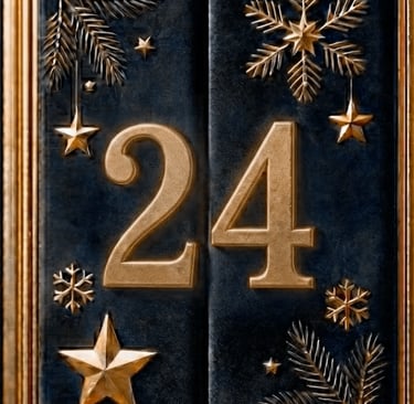 Luxuriöses Türchen Nr. 24 des Adventskalenders mit goldgeprägten Sternen