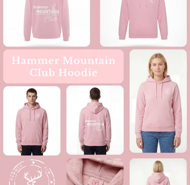 Pinker Hammer Mountain Club Hoodie mit Hirsch-Logo und Rückengrafik