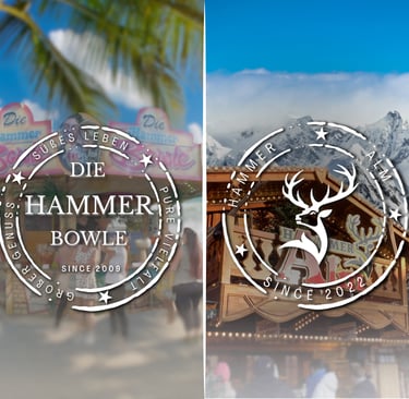 Geteiltes Bild, links der Hammer Bowle Stand mit Logo und rechts die Hammer Alm Hütte vor den Alpen