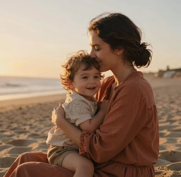 A close-up shot of a mother holding her toddler close, sitting on a warm sand dune at a beach in Spain / Southern Europe. The soft golden light of sunset illuminates their smiling faces. Warm sand colors and gentle terracotta tones in the clothing, highly cinematic, emotional and natural lifestyle photography.