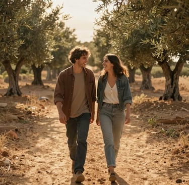 Cinematic medium shot of a young couple laughing together, walking along a rustic, sun-drenched dirt path in Spain / Southern Europe. Warm, golden hour light filtering through olive trees, creating lens flare. Sand and terracotta tones dominate the landscape. Nostalgic, intimate lifestyle photography style, natural expressions.