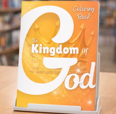 The Kingdom of God Coloring Book displayed on a stand in a bookstore.