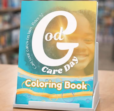 A God Cares Day coloring book for children featuring Bible verse Peter 5:7 on a bookstore shelf.