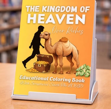 The Kingdom of Heaven Over Riches educational coloring book featuring a camel, gold chest, and scriptures.