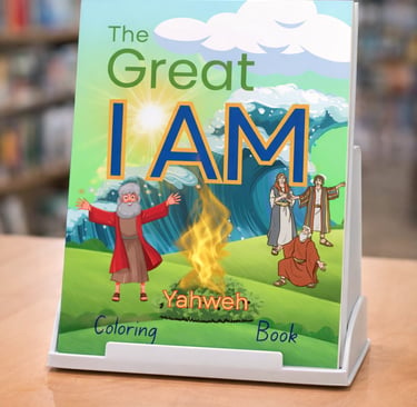 The Great I AM Yahweh coloring book featuring Moses and the burning bush illustration on a display stand.