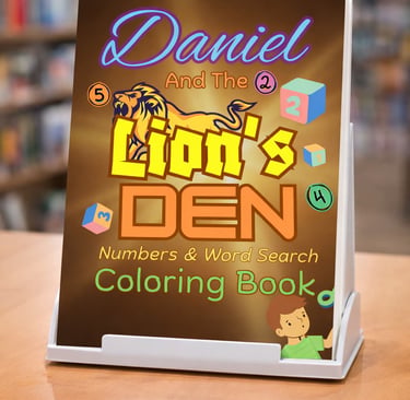 Daniel and the Lion's Den coloring book featuring number and word search activities for children.