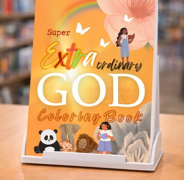 Super Extraordinary God coloring book featuring animals, butterflies, and a rainbow on an orange cover.