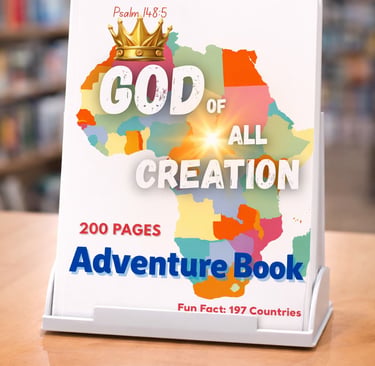 God of All Creation adventure book featuring a colorful map of Africa and a gold crown.