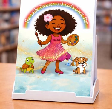 The Little Dreamer and God's Great Plan children's book featuring a young artist girl, a turtle, and a puppy.