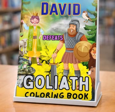 David Defeats Goliath Coloring Book on a display stand in a library setting.