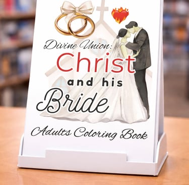 Christ and his Bride Divine Union adult coloring book displayed on a stand in a bookstore.