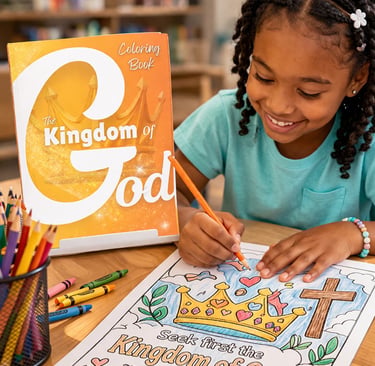 A young girl colors a page from The Kingdom of God Christian coloring book.