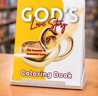God's Love Story coloring book featuring gold wedding rings on a yellow cover displayed in a bookstore.