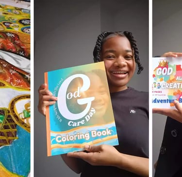 Smiling woman holding God Care Day and God of All Creation coloring books for children.