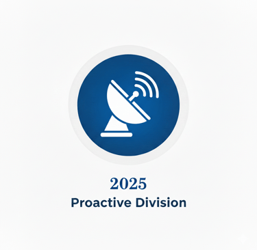 White satellite dish icon on a blue circle for the 2025 Proactive Division communication logo.