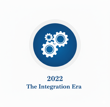 Blue circle icon with interlocking gears above the text 2022 The Integration Era.