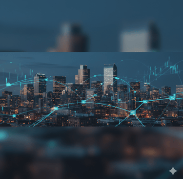 Digital smart city network connections overlaying a modern skyline at night with glowing data points.