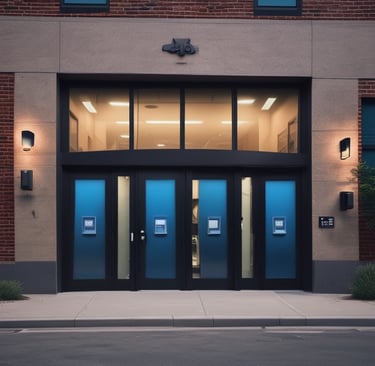 Modern commercial building entrance with glass doors, blue security panels, and outdoor wall lighting.