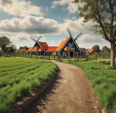 An elegant Tesla Model Y driving along a quiet road surrounded by lush green meadows and traditional Dutch farmhouses