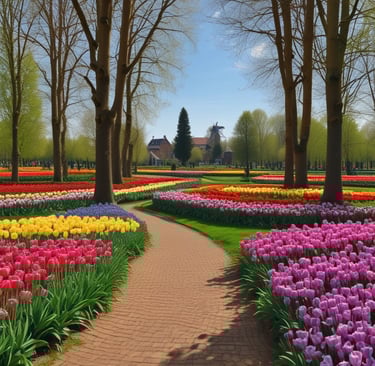 A charming street in a Dutch village lined with colorful tulip fields and historic buildings under a bright blue sky