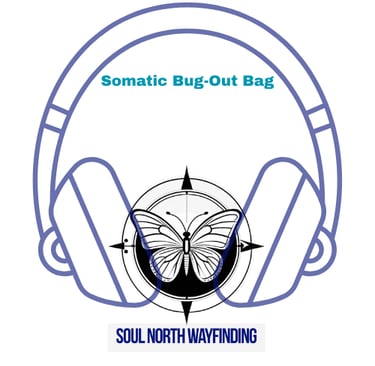 Somatic Bug-Out Bag logo featuring headphones, a butterfly, and a compass for Soul North Wayfinding.