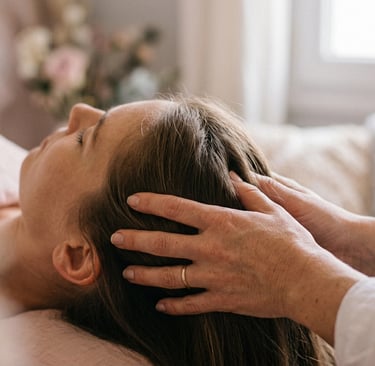 Personne recevant un Micro Massage Crânien® allongée confortablement sur une table de soin dans un c