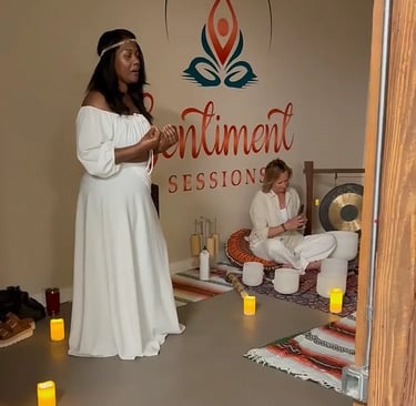 Sentiment Sessions owner leads discussion at spa event.