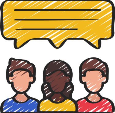 Ícone de pessoas conversando com balões de fala representando troca de experiências na comunidade neurodivergente