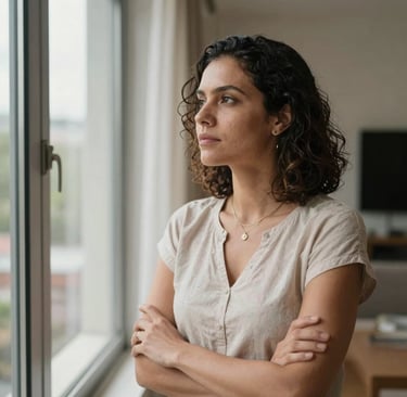 Mulher adulta brasileira refletindo sobre diagnóstico tardio de TEA olhando pela janela