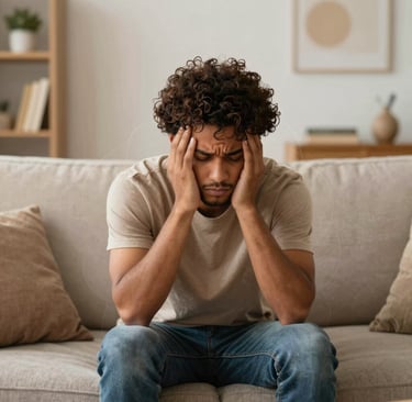 Homem brasileiro com mãos na cabeça expressando ansiedade e angústia, representando comorbidades de TDAH com ansiedade e depressão