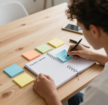 Pessoa com TDAH organizando tarefas com post-its coloridos e planner para superar disfunção executiva